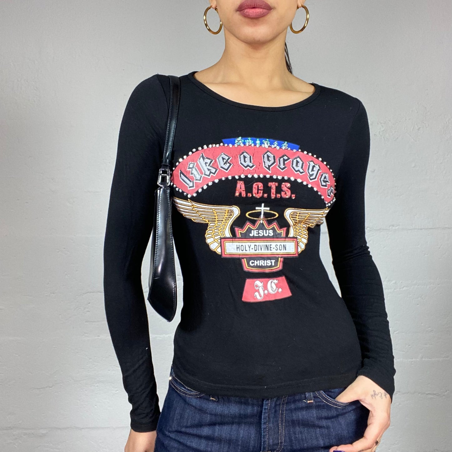 Vintage 2000's Downtown Girl Black Longsleeve Top with "Like a Prayer" Neon Lights Print (S)