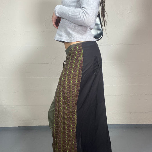 Vintage 2000's Hippie Girl Khaki Maxi Skirt with Patched Printed Bands Detail (M)