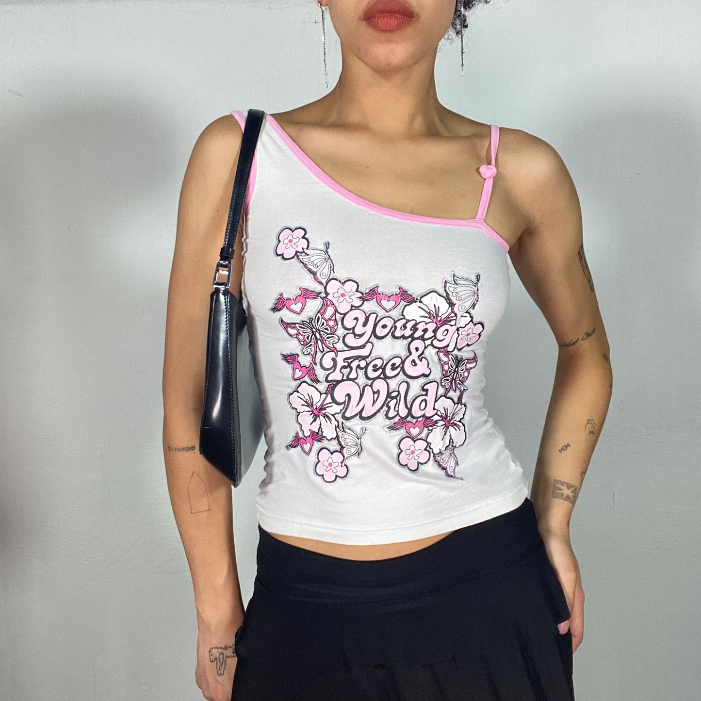 Vintage 2000's Sreetstyle White One Shoulder top with Pink Trim and 'Young, Free & Wild' Print (S)