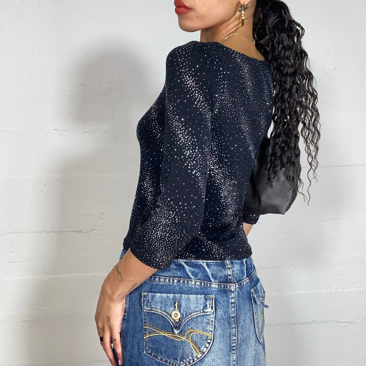 Vintage 2000's Clubwear Black 3/4 Sleeve Top with Glitter Pattern (S)