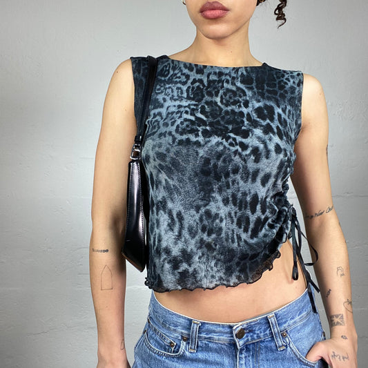 Vintage 90's Janice Grey Lettuce Frill Top with Cheetah Print (S)