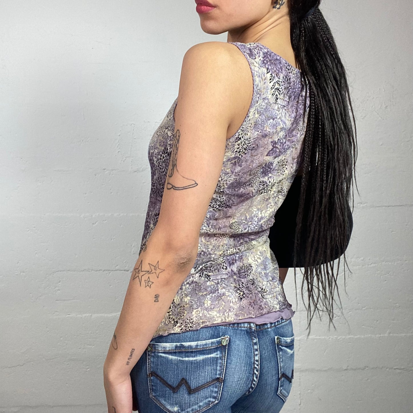 Vintage 2000's Romantic Girl Camel Top with Purple Floral Print Covering (S/M)