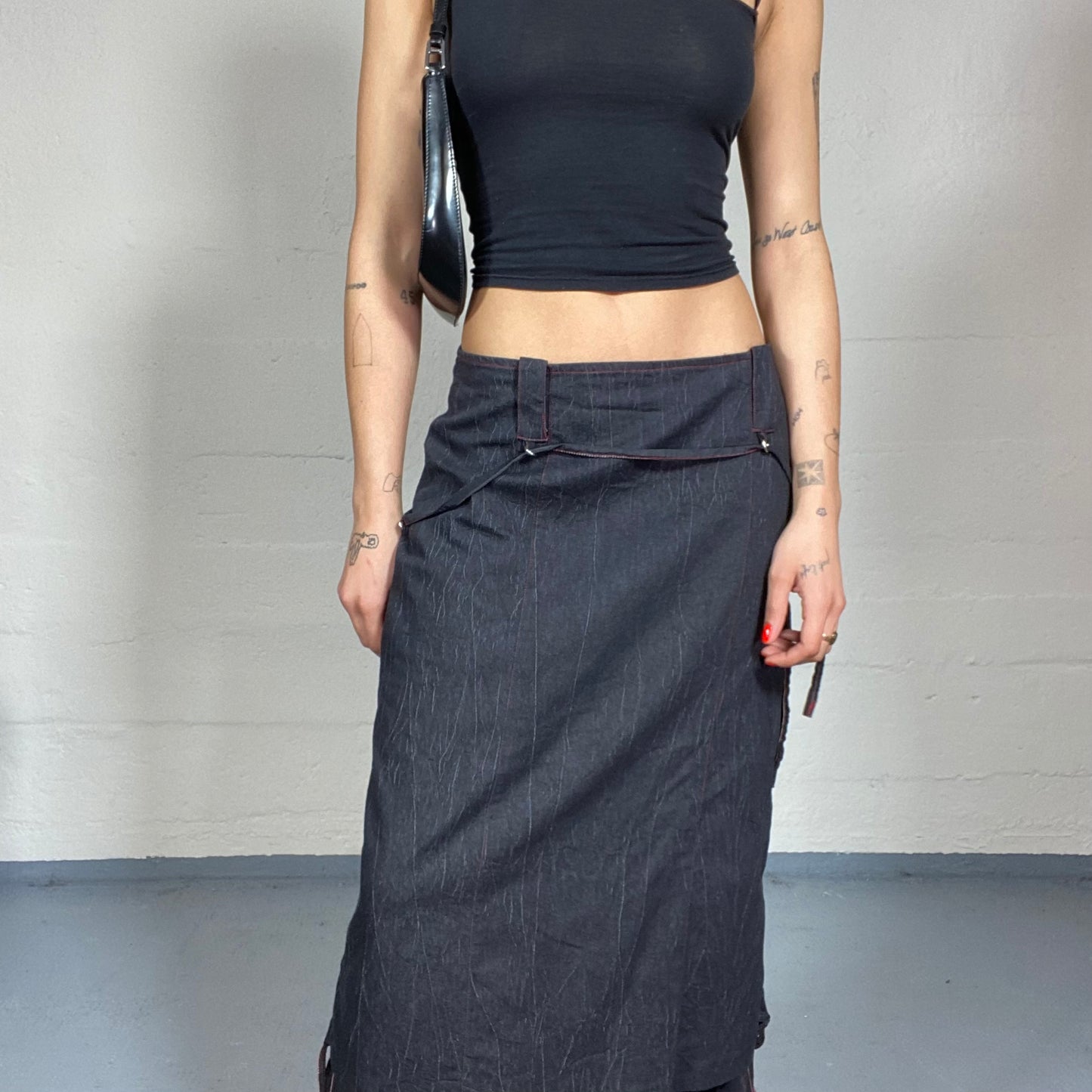 Vintage 2000's Archive Black Maxi Cargo Skirt with Layered Red Pinstripes Bottom Detail (S)