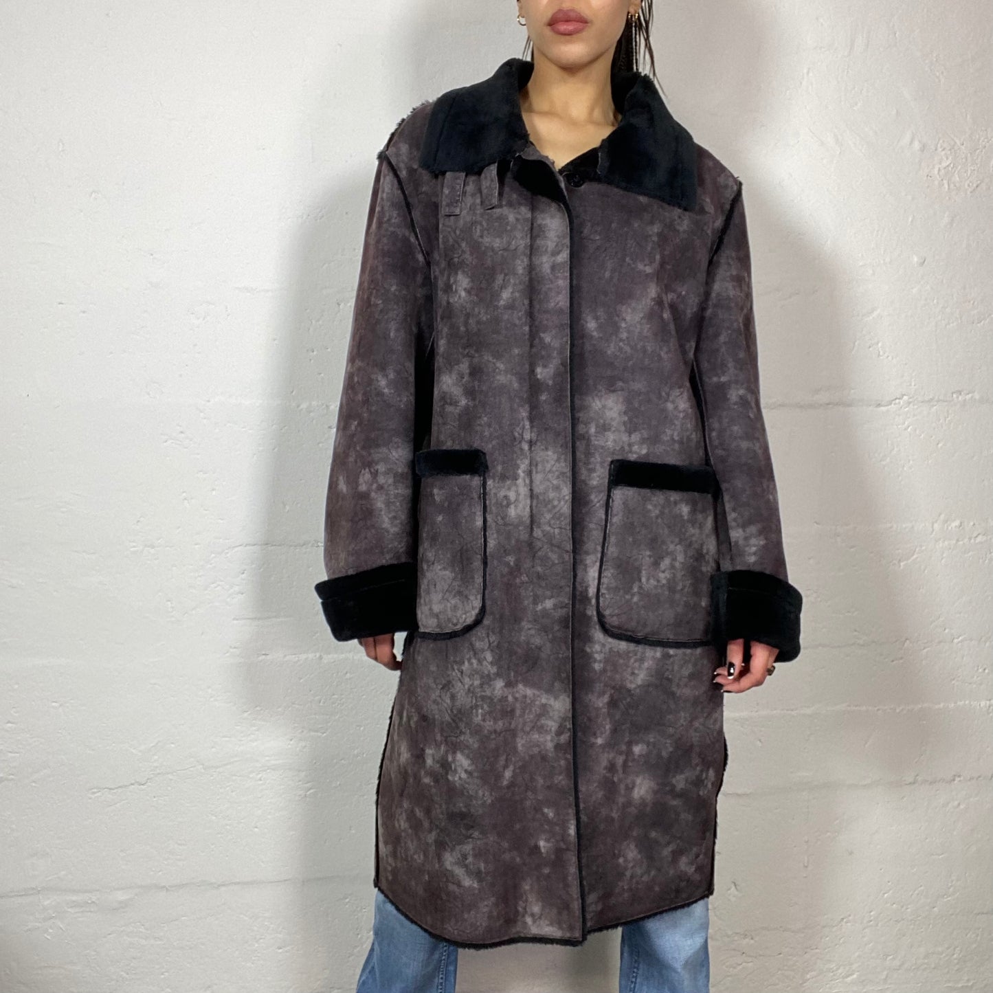 Vintage 2000's Rosalía Black Washed Out Long Coat with Deep Black Faux Fur Trims (S/M)