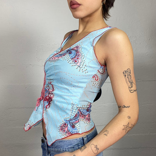 Vintage 90's Downtown Girl Baby Blue Top with Butterfly Print and Lace Up Detail (S/M)