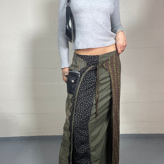 Vintage 2000's Hippie Girl Khaki Maxi Skirt with Patched Printed Bands Detail (M)