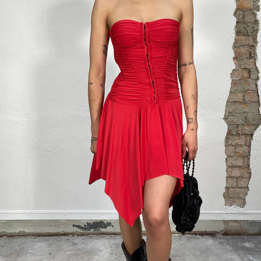 Vintage 2000's Funky Red Strapless Corset Dress with Asymmetrical Hem (S)