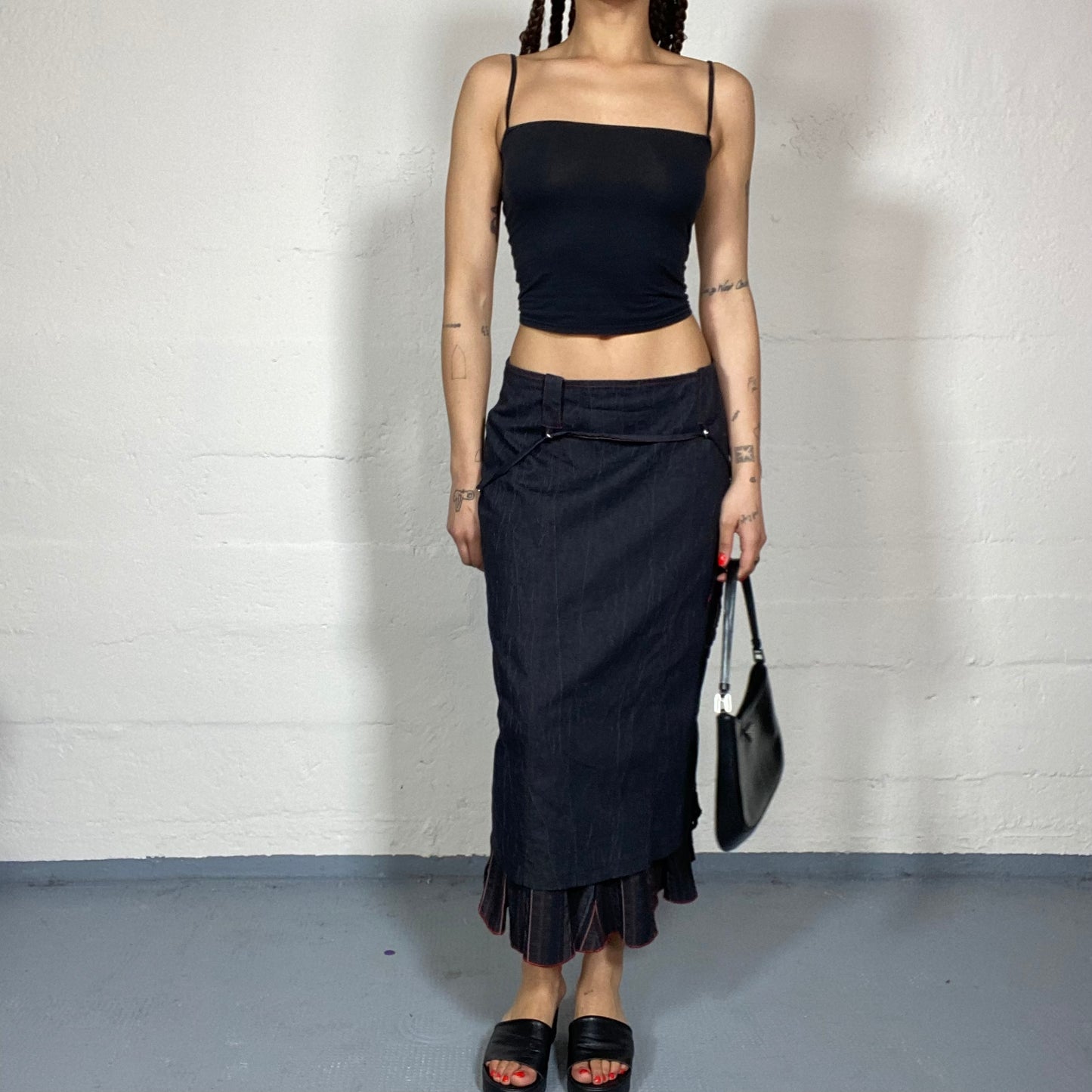 Vintage 2000's Archive Black Maxi Cargo Skirt with Layered Red Pinstripes Bottom Detail (S)