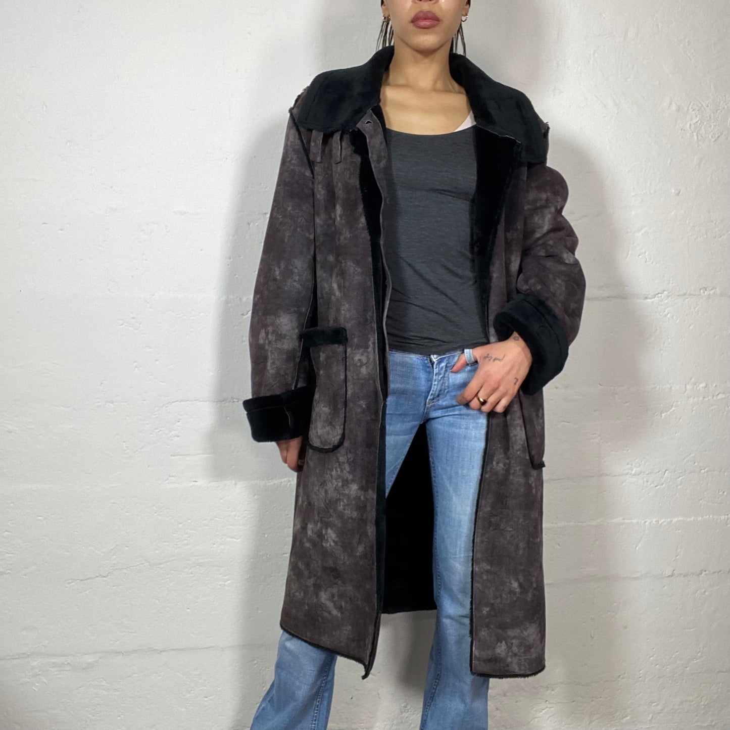 Vintage 2000's Rosalía Black Washed Out Long Coat with Deep Black Faux Fur Trims (S/M)