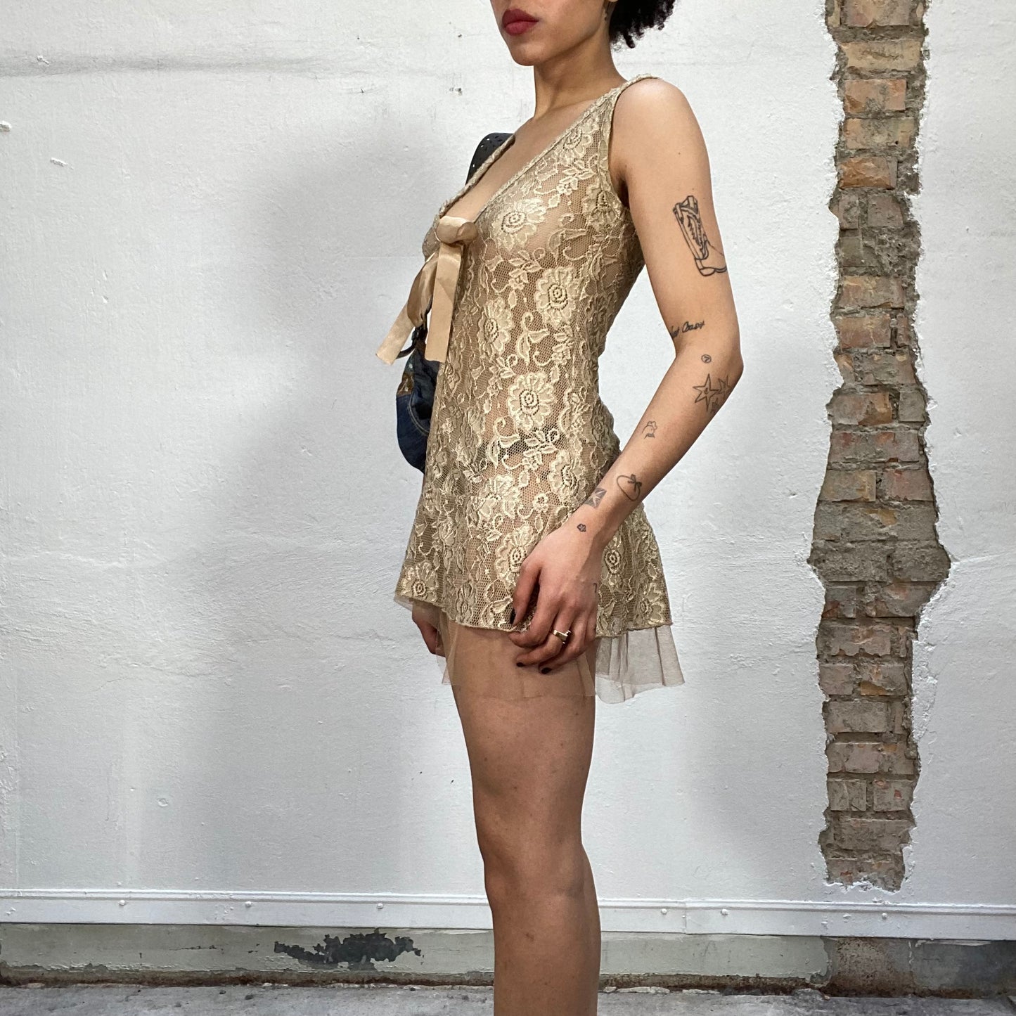 Vintage 2000's Coquette Mini Champagne Dress with Lace Mesh Material (S/M)