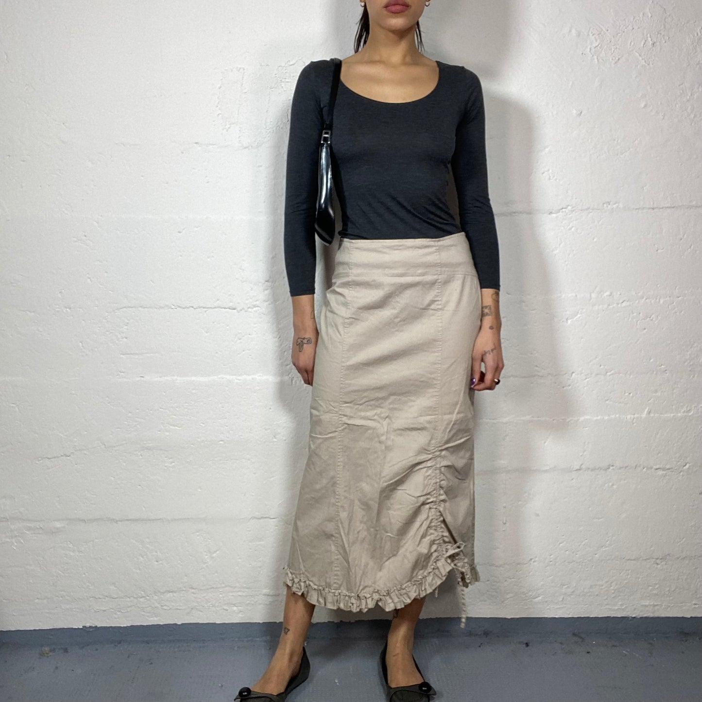 Vintage 90's Rave Beige Cargo Maxi Skirt with Frilled Bottom Detail (S/M)