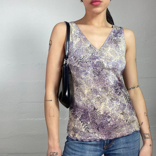 Vintage 2000's Romantic Girl Camel Top with Purple Floral Print Covering (S/M)
