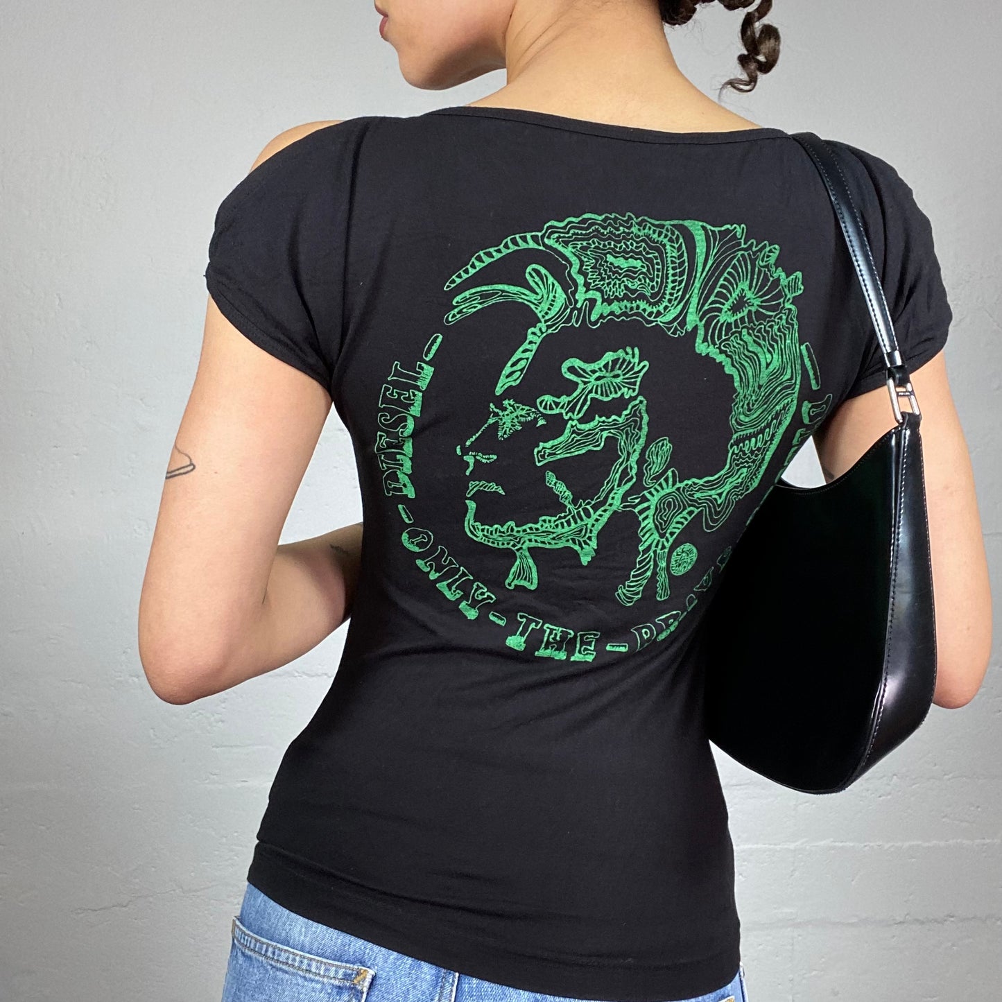 Vintage 2000's Diesel Downtown Girl Black Open Shoulder Top with Green Back Girl Portrait Print (S)