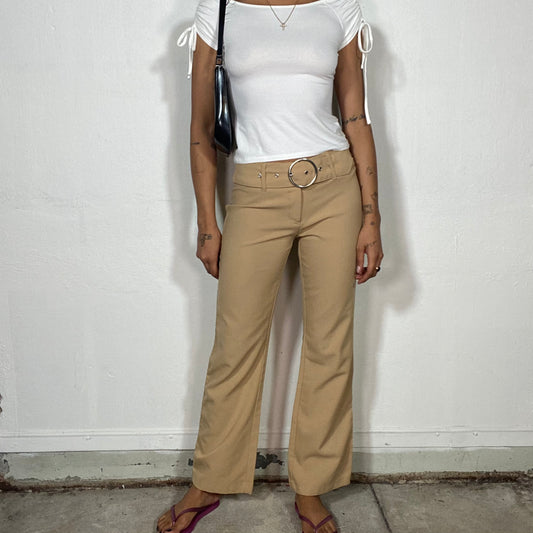 Vintage 2000's Office-Ready Beige Flared Pants with Silver Belt Detail (S)