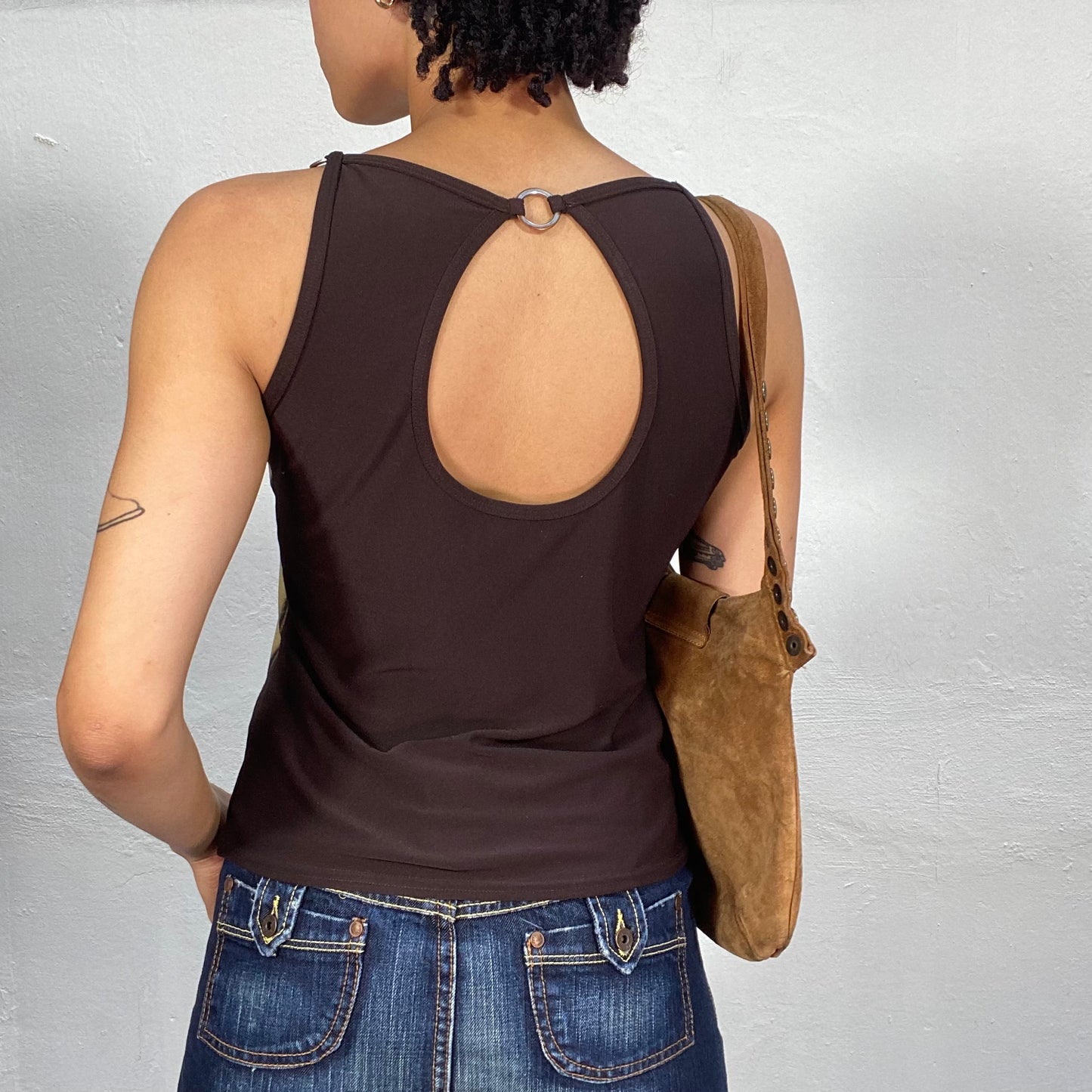 Vintage 2000's Grunge Brown Woman Face Printed High Neck Top (M)