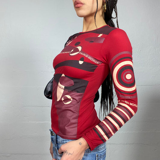 Vintage 2000's Morgan Funky Garnet Longsleeve Top with Wavy and Circular Print (S)