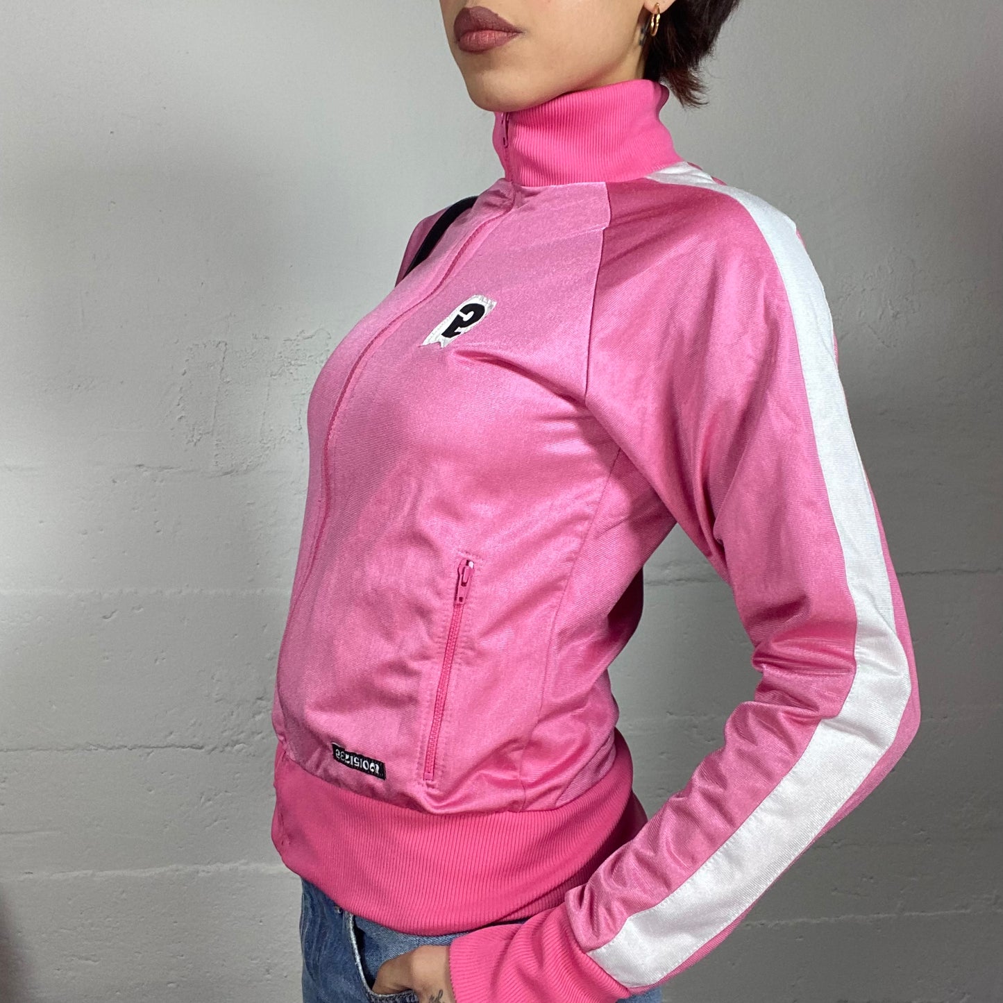 Vintage 2000's Downtown Girl Pink Zip Up Jacket with White Trim Detail (S)