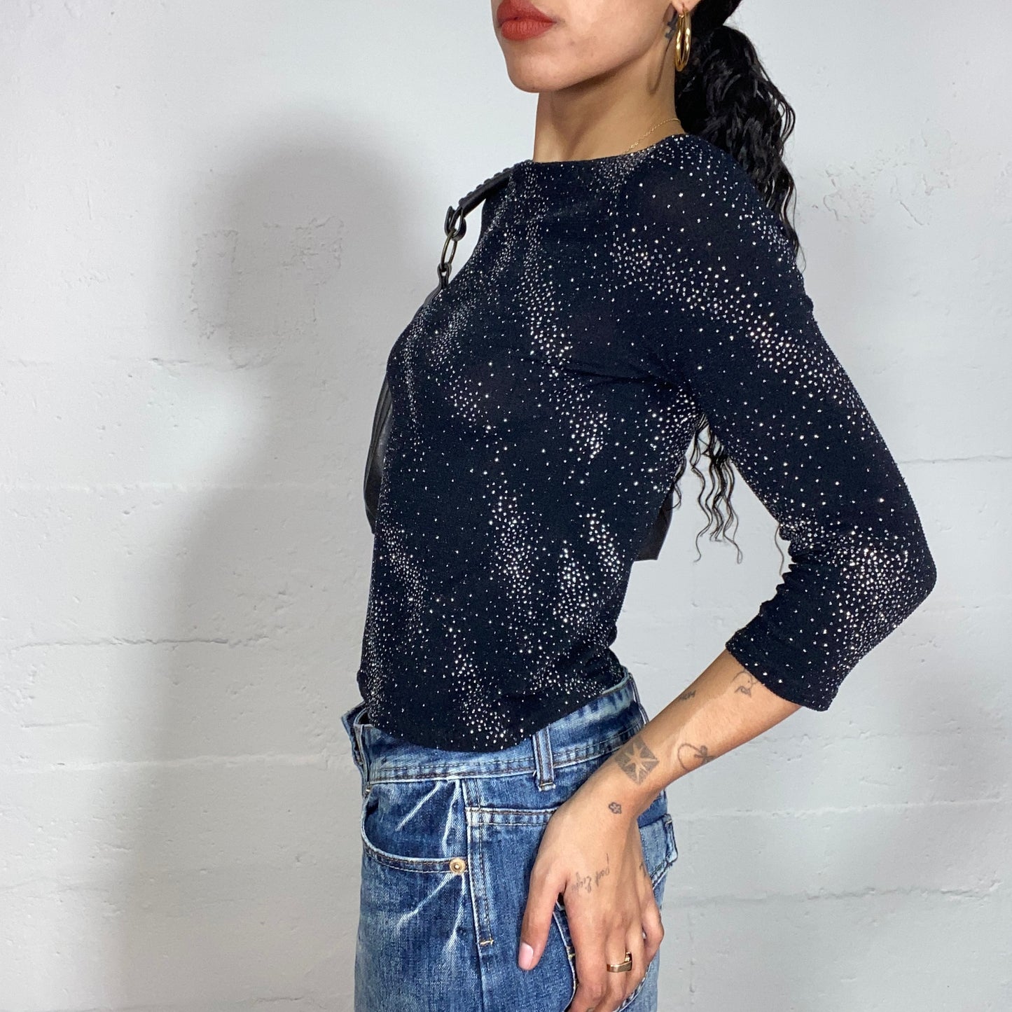 Vintage 2000's Clubwear Black 3/4 Sleeve Top with Glitter Pattern (S)