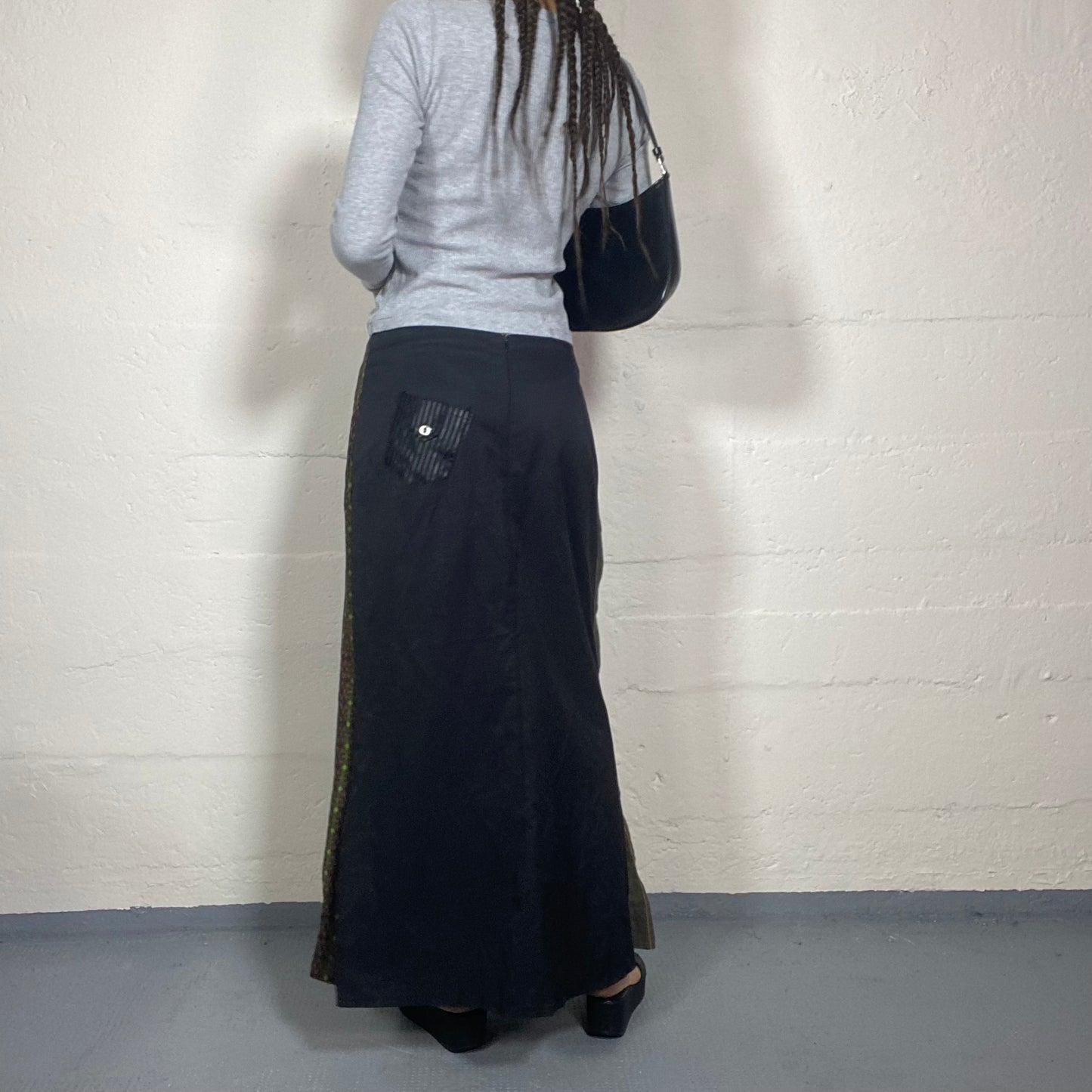 Vintage 2000's Hippie Girl Khaki Maxi Skirt with Patched Printed Bands Detail (M)