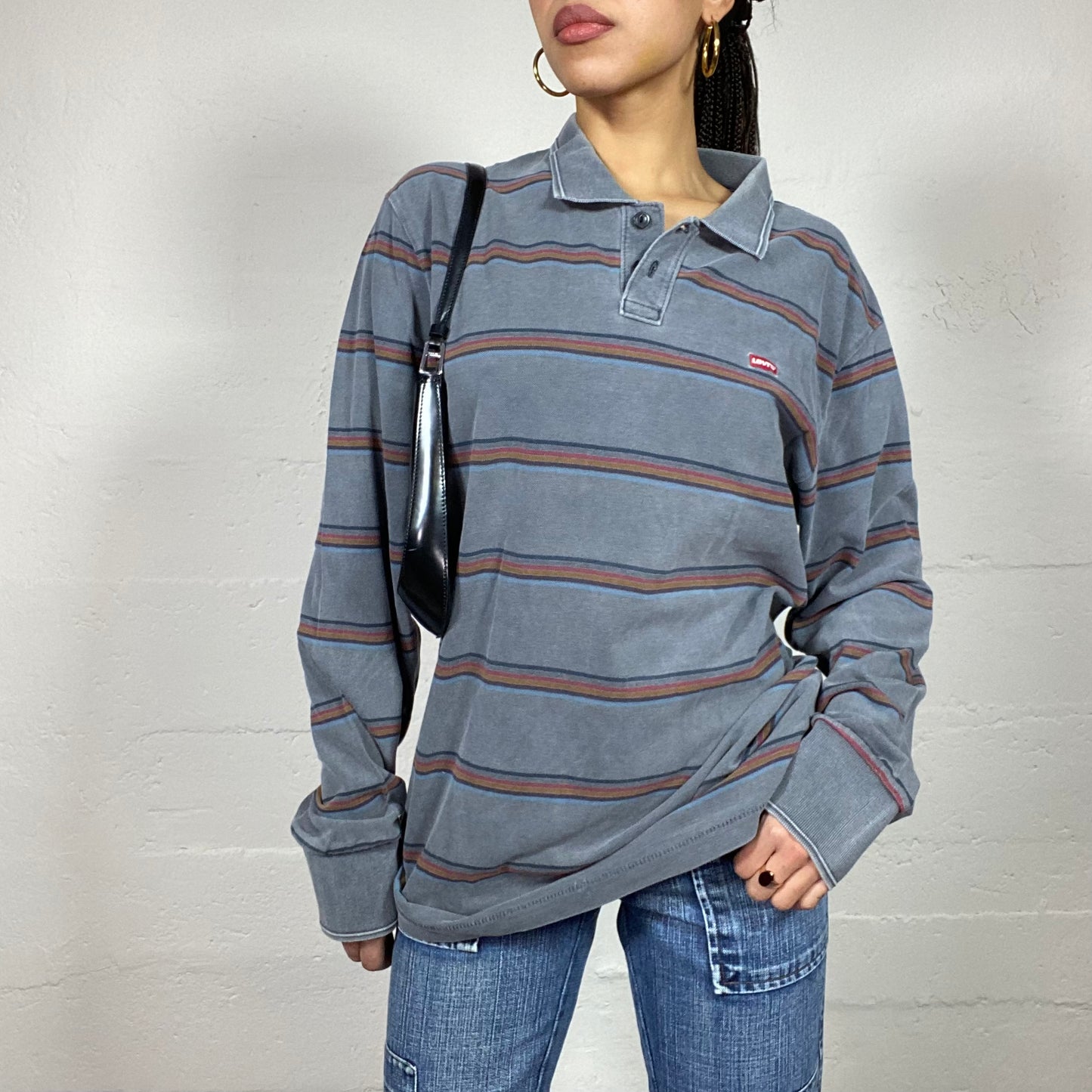 Vintage 90's Levi's Sporty Grey Longsleeve Polo Top with Stripes Print (M/L)