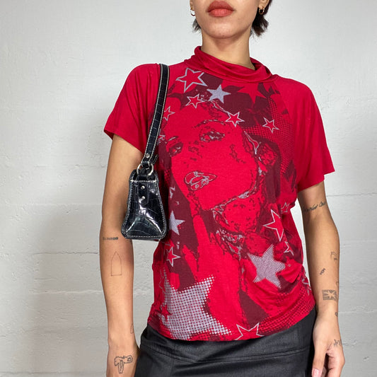 Vintage 2000's Punk Red Oversized Top with Girl Portrait Print (M)