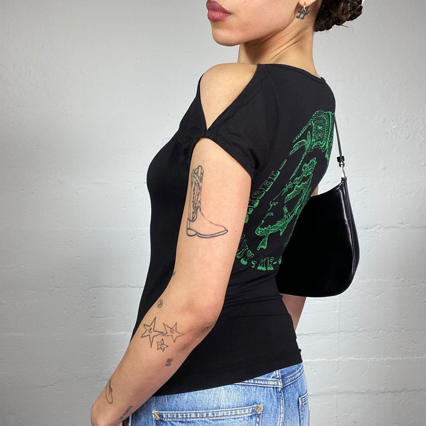 Vintage 2000's Diesel Downtown Girl Black Open Shoulder Top with Green Back Girl Portrait Print (S)