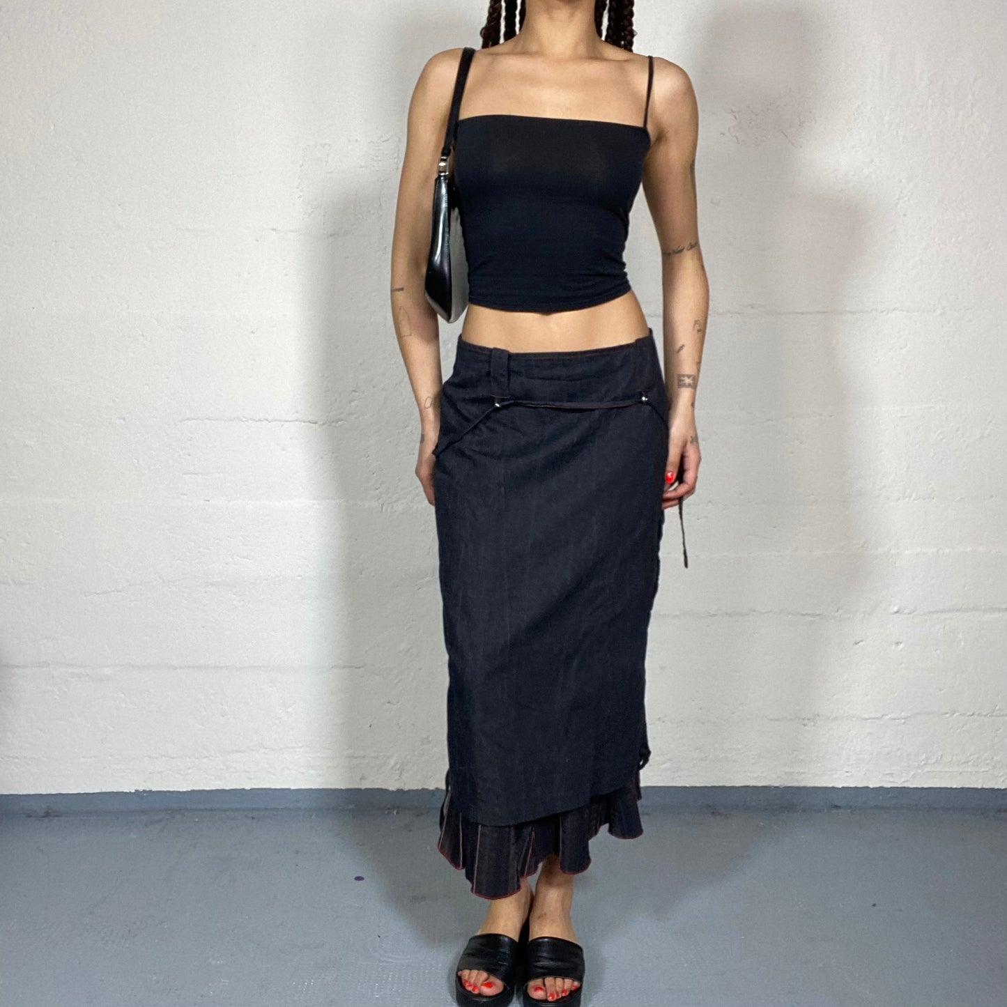 Vintage 2000's Archive Black Maxi Cargo Skirt with Layered Red Pinstripes Bottom Detail (S)