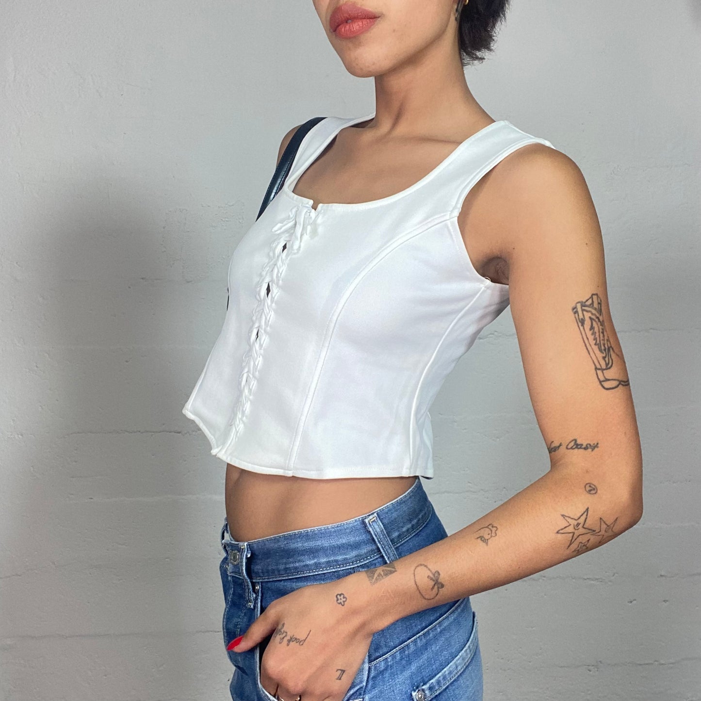 Vintage 2000's Soft Girl White Top with Lace Up Detail (S/M)