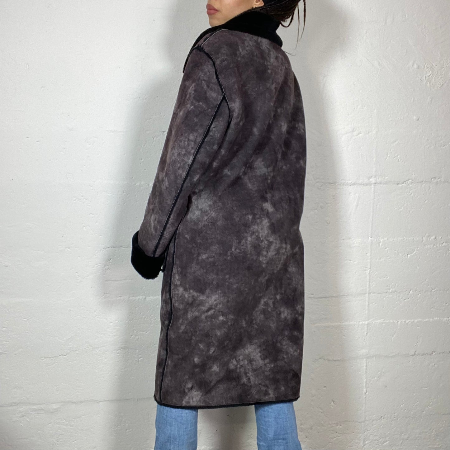 Vintage 2000's Rosalía Black Washed Out Long Coat with Deep Black Faux Fur Trims (S/M)