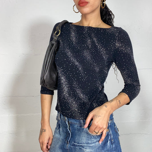 Vintage 2000's Clubwear Black 3/4 Sleeve Top with Glitter Pattern (S)