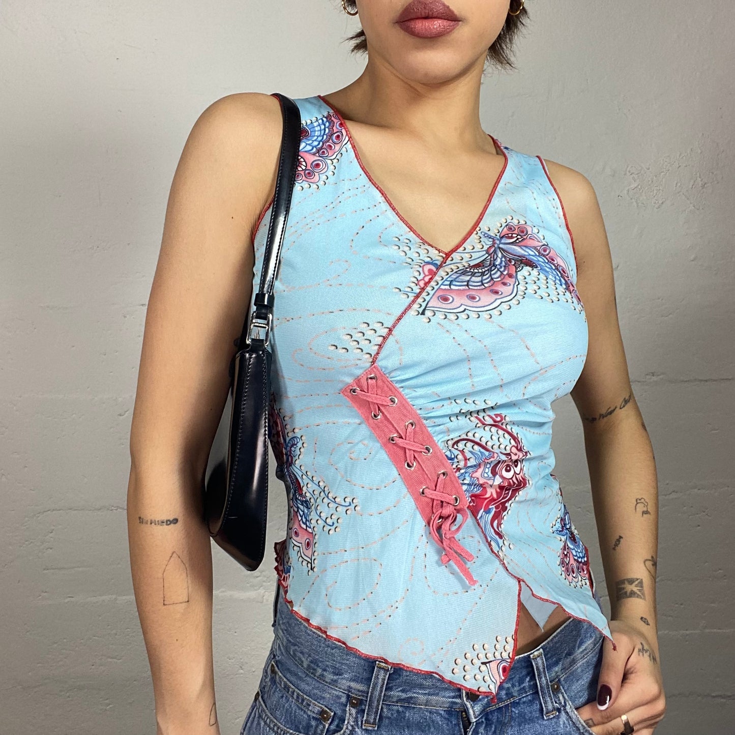 Vintage 90's Downtown Girl Baby Blue Top with Butterfly Print and Lace Up Detail (S/M)