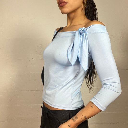 Vintage 2000's Indie Pastel Blue Off Shoulder Top with Side Tie Detail (S)