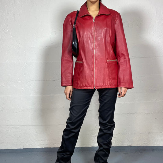 Vintage 2000 Model Off Duty Cherry Red Leather Jacket with Zipper (M)