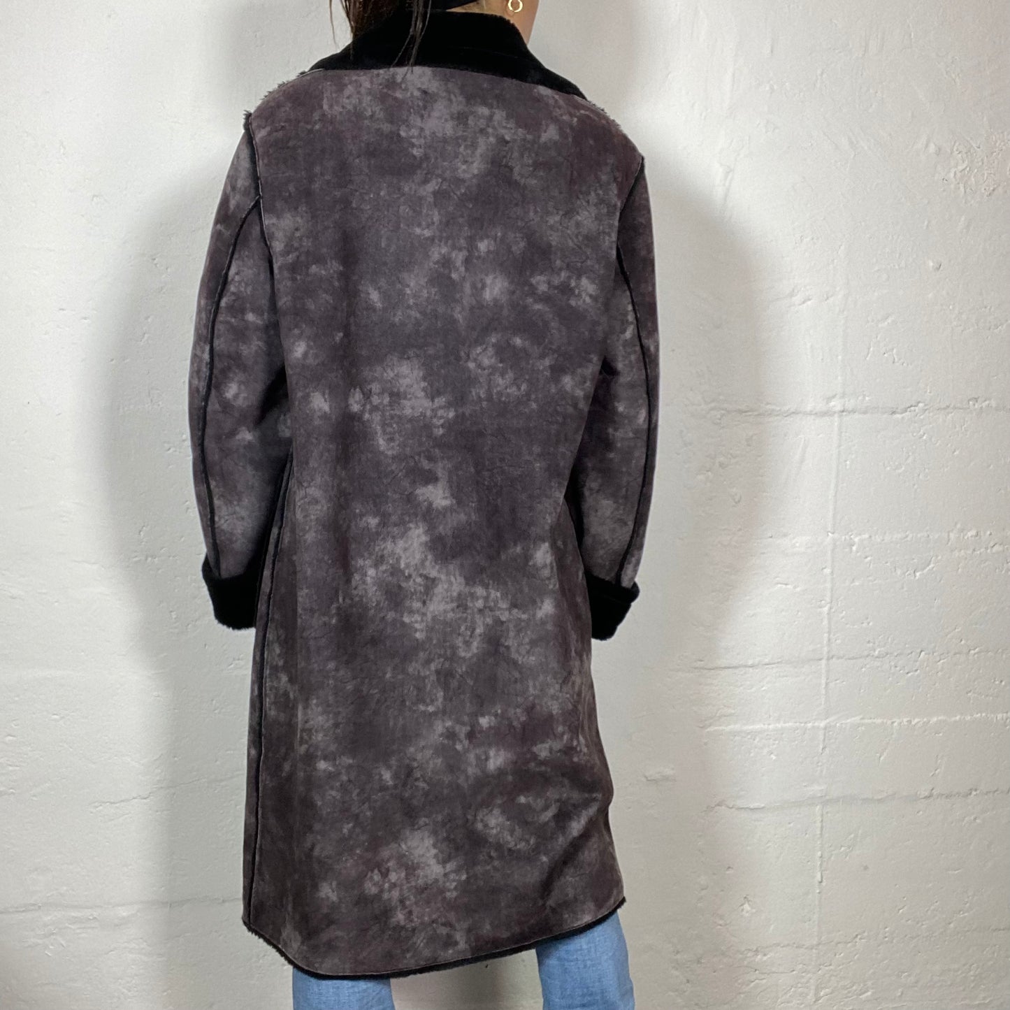 Vintage 2000's Rosalía Black Washed Out Long Coat with Deep Black Faux Fur Trims (S/M)