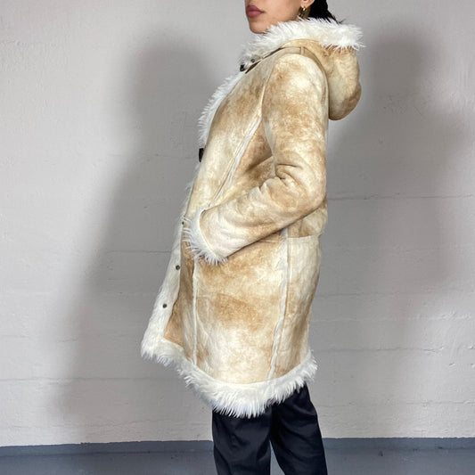 Vintage 2000's Bratz Brown Tie Dye Long Coat with White Faux Fur Trims (S/M)