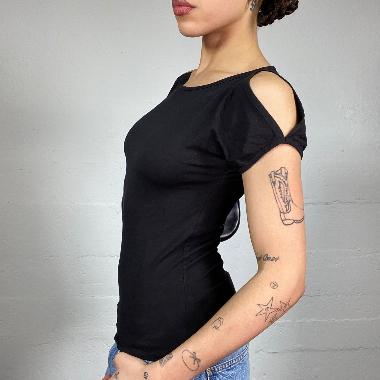 Vintage 2000's Diesel Downtown Girl Black Open Shoulder Top with Green Back Girl Portrait Print (S)