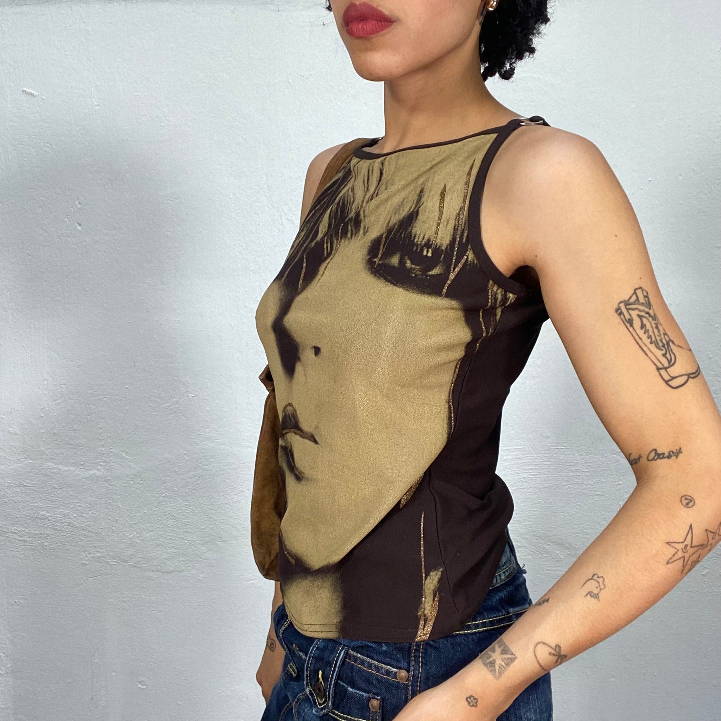 Vintage 2000's Grunge Brown Woman Face Printed High Neck Top (M)