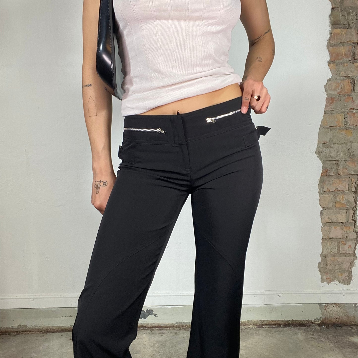 Vintage 2000's Model Off Duty Black Flared Office Pants with Zipper Pockets (S)