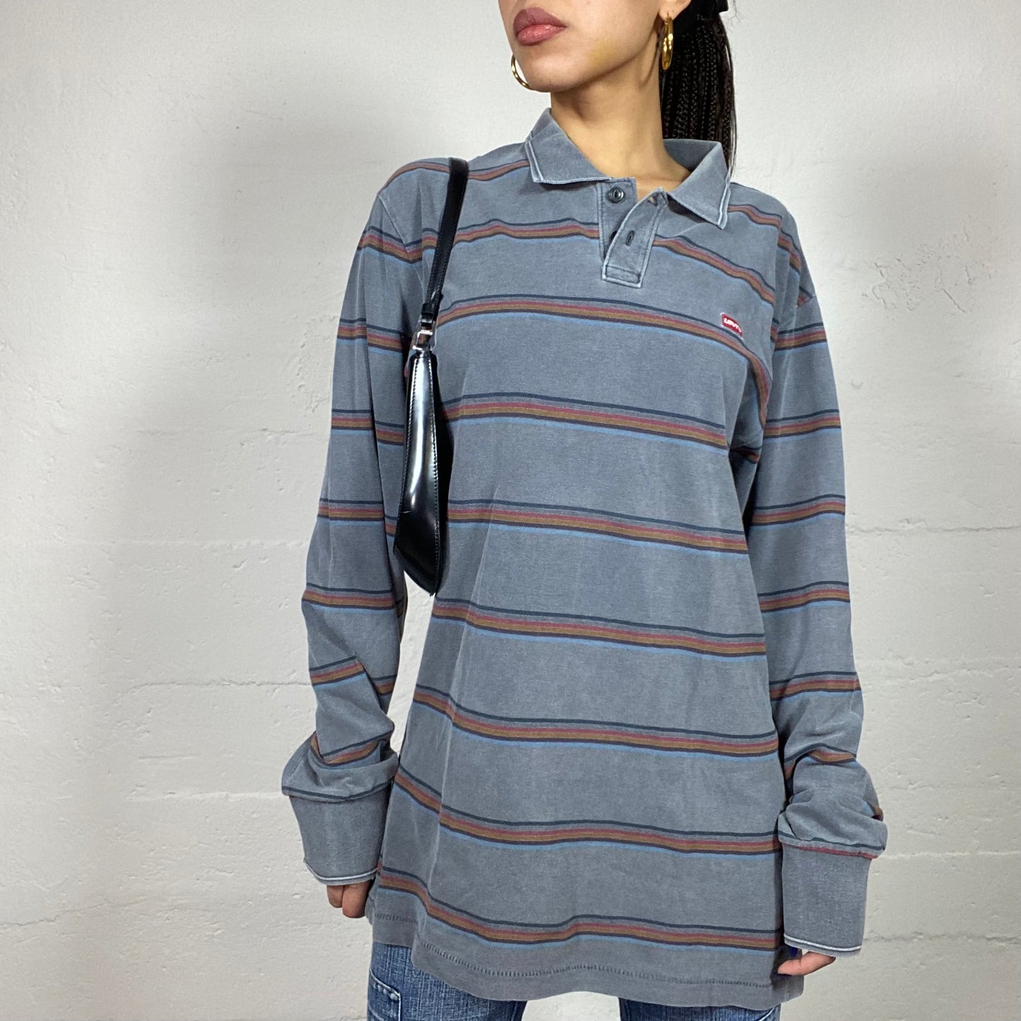 Vintage 90's Levi's Sporty Grey Longsleeve Polo Top with Stripes Print (M/L)