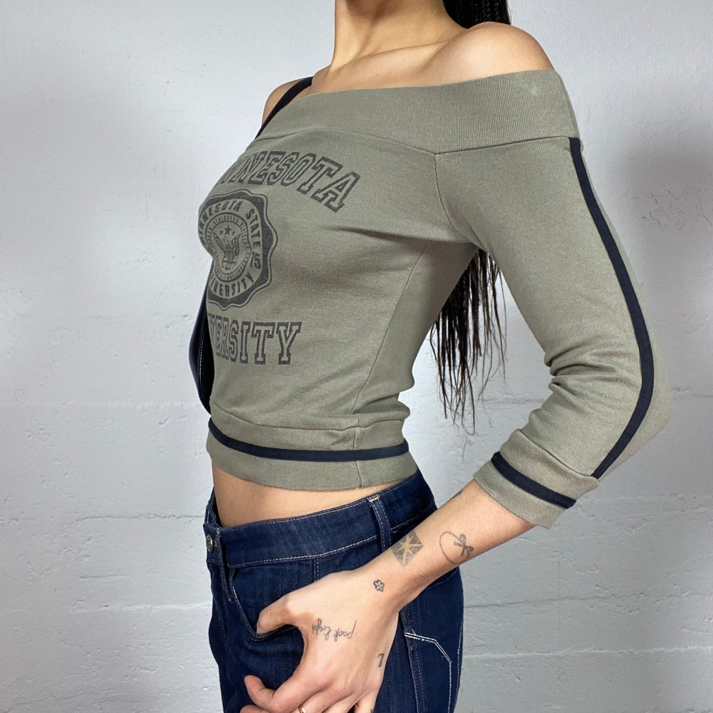 Vintage 2000's College Girl Khaki Off Shoulder Top with "Minnesota University" White Print (S)