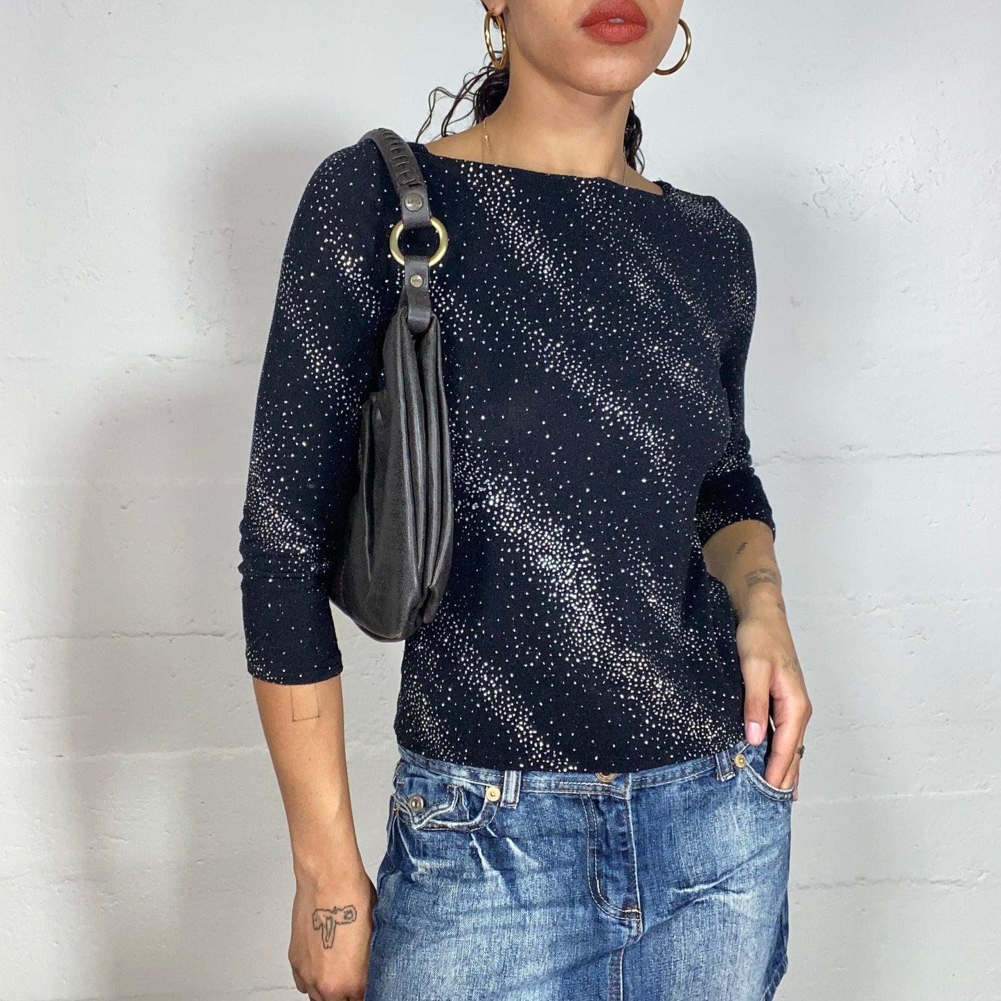 Vintage 2000's Clubwear Black 3/4 Sleeve Top with Glitter Pattern (S)
