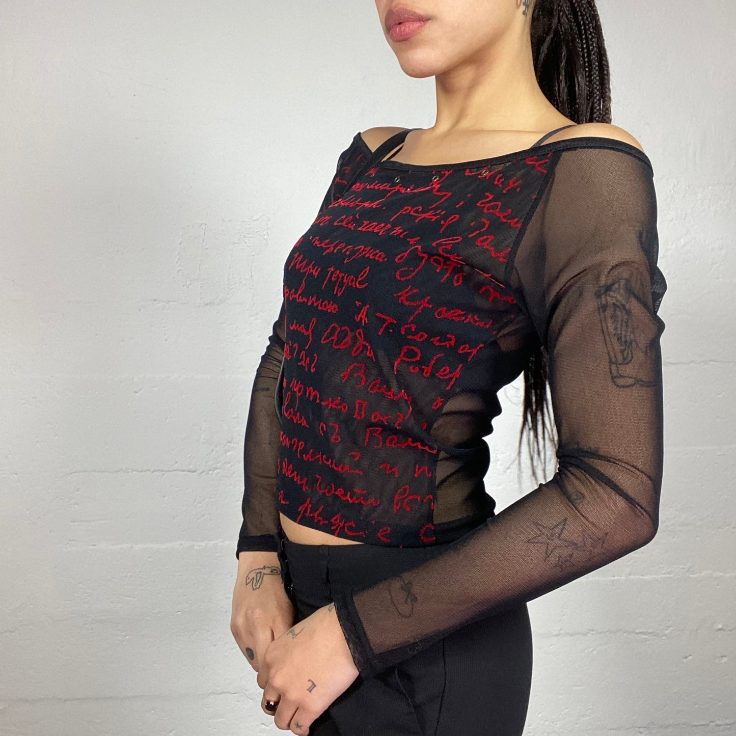 Vintage 90's Vamp Goth Black Off Shoulder Mesh Longsleeve Top with Red Typography Print (S/M)