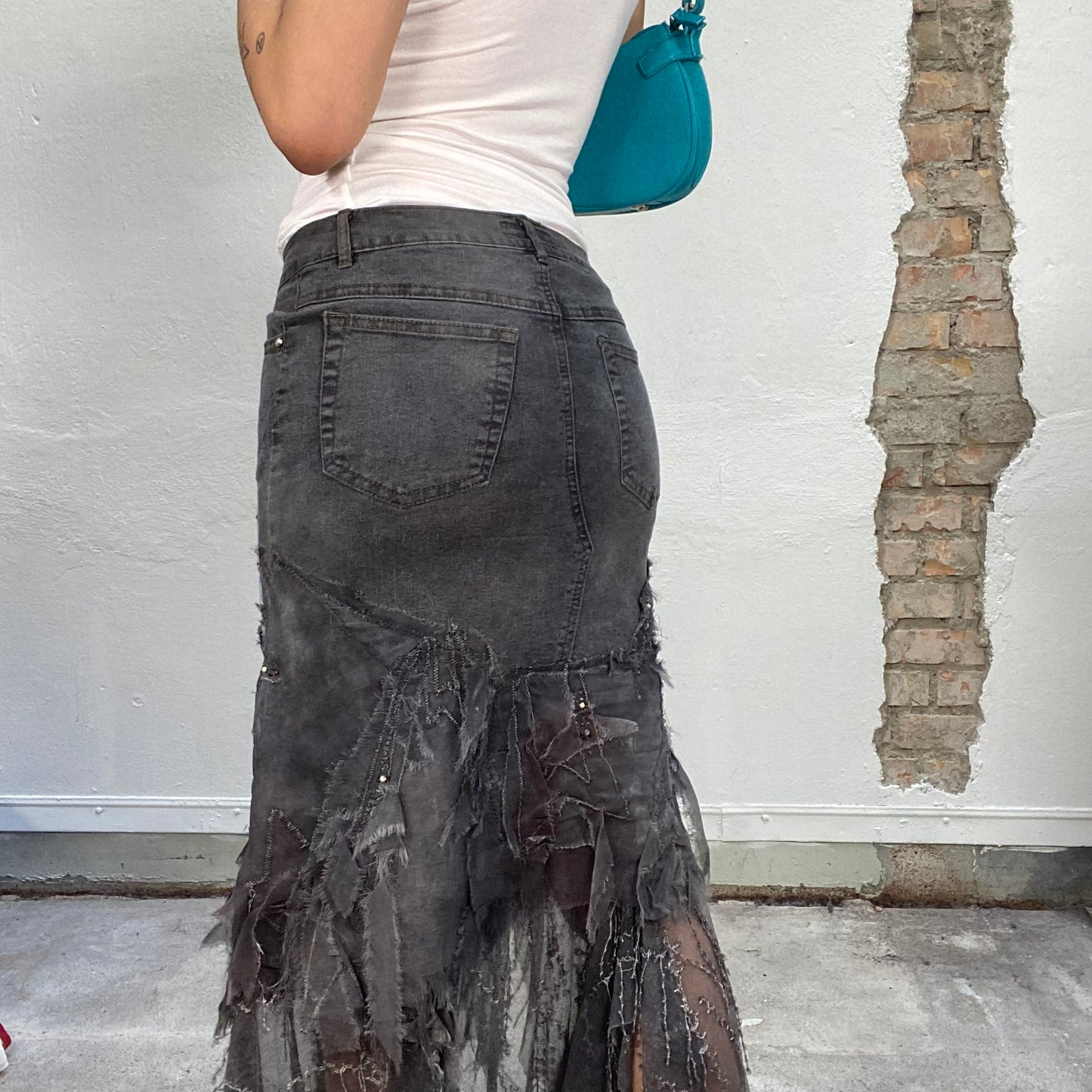 Vintage 2000's Grunge Grey Denim and Mesh Maxi Skirt with Sequin Embroidery (S)