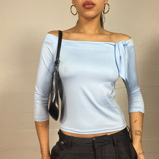 Vintage 2000's Indie Pastel Blue Off Shoulder Top with Side Tie Detail (S)