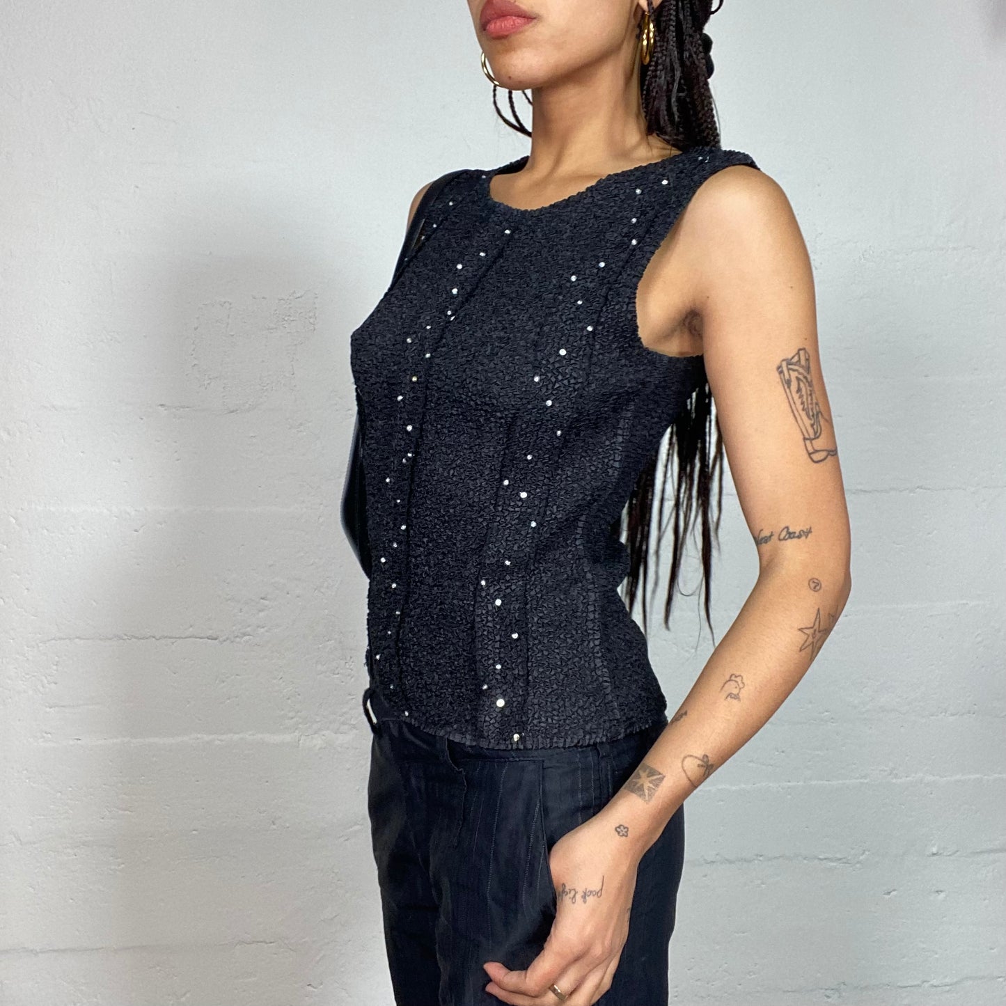 Vintage 2000's Hippie Black Knitted Vest Top with Strass Detail (S)