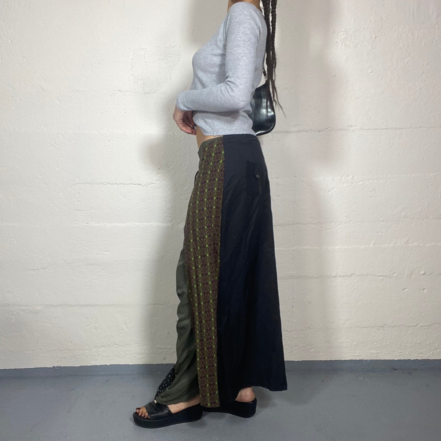 Vintage 2000's Hippie Girl Khaki Maxi Skirt with Patched Printed Bands Detail (M)