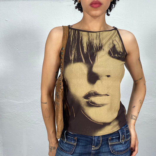 Vintage 2000's Grunge Brown Woman Face Printed High Neck Top (M)