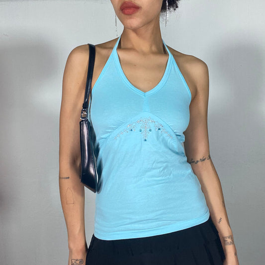 Vintage 2000's Indie Light Blue Halter Neck Top with Embroidery Detail (S)