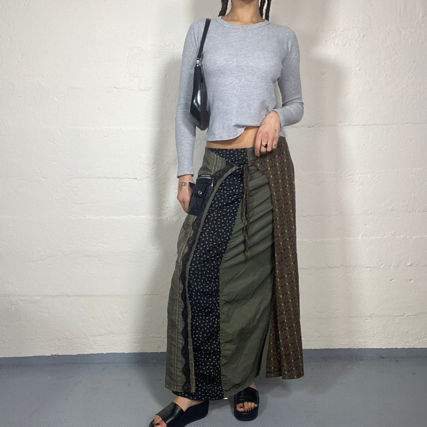 Vintage 2000's Hippie Girl Khaki Maxi Skirt with Patched Printed Bands Detail (M)
