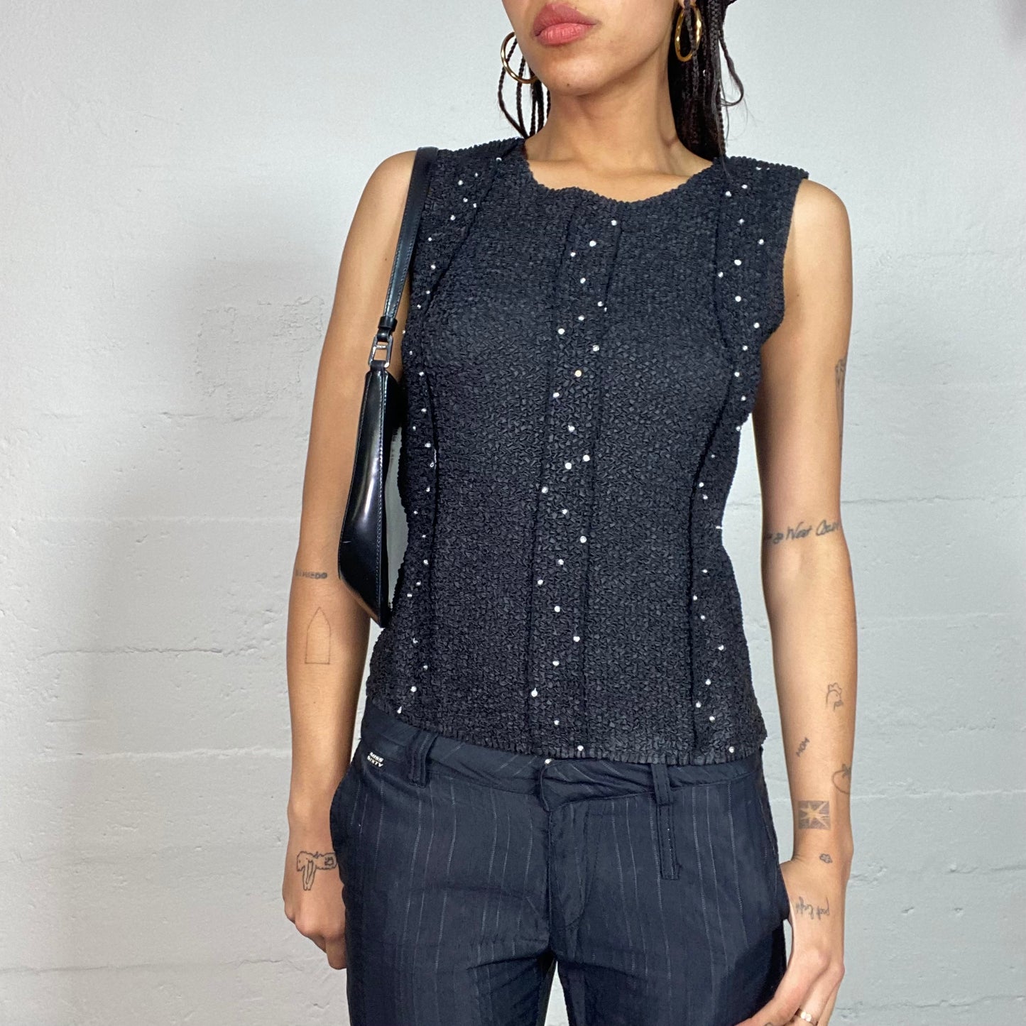 Vintage 2000's Hippie Black Knitted Vest Top with Strass Detail (S)